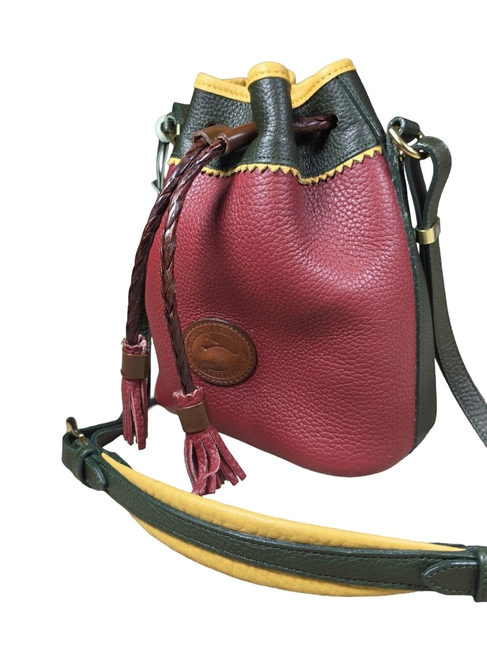 Vintage Dooney & Bourke Tri Color AWL Drawstring Bucket Bag Red Green Yellow